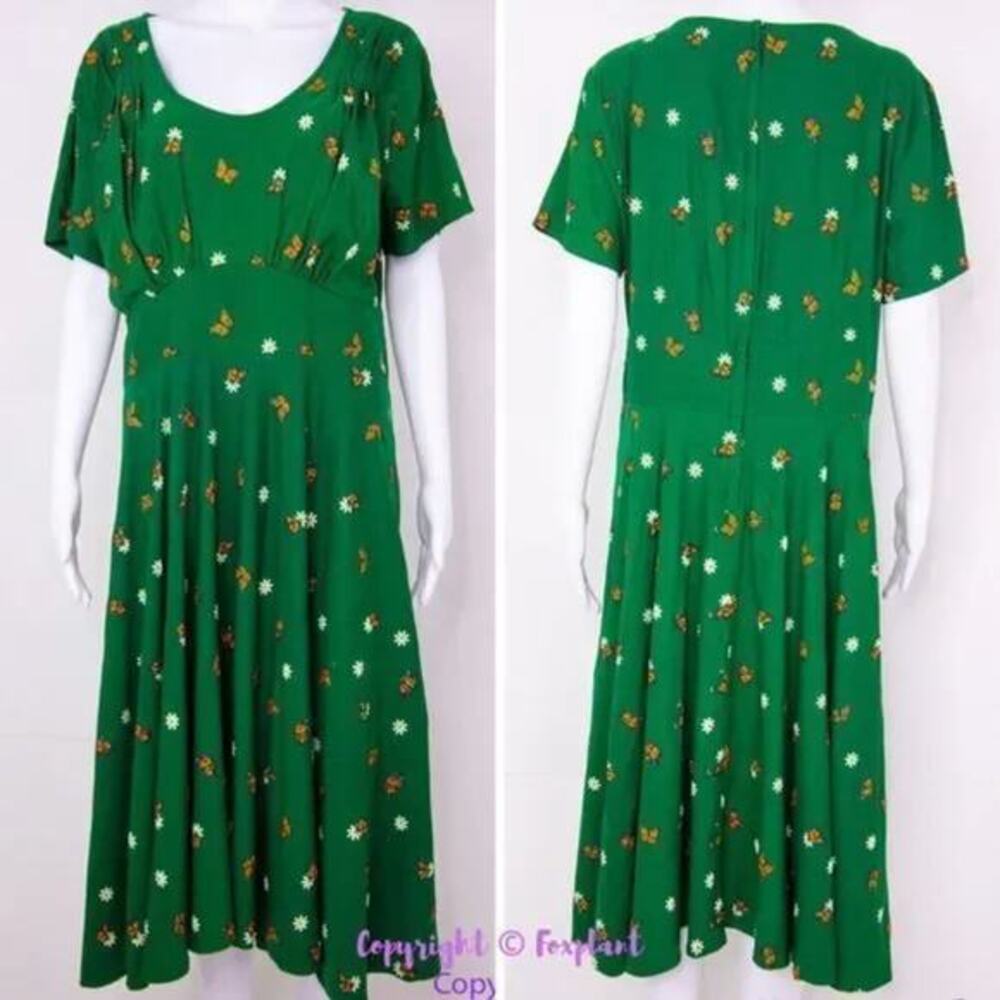 Unique Vintage X GB Butterfly And Daisy Flowers Green Dress, size L - Picture 3 of 16